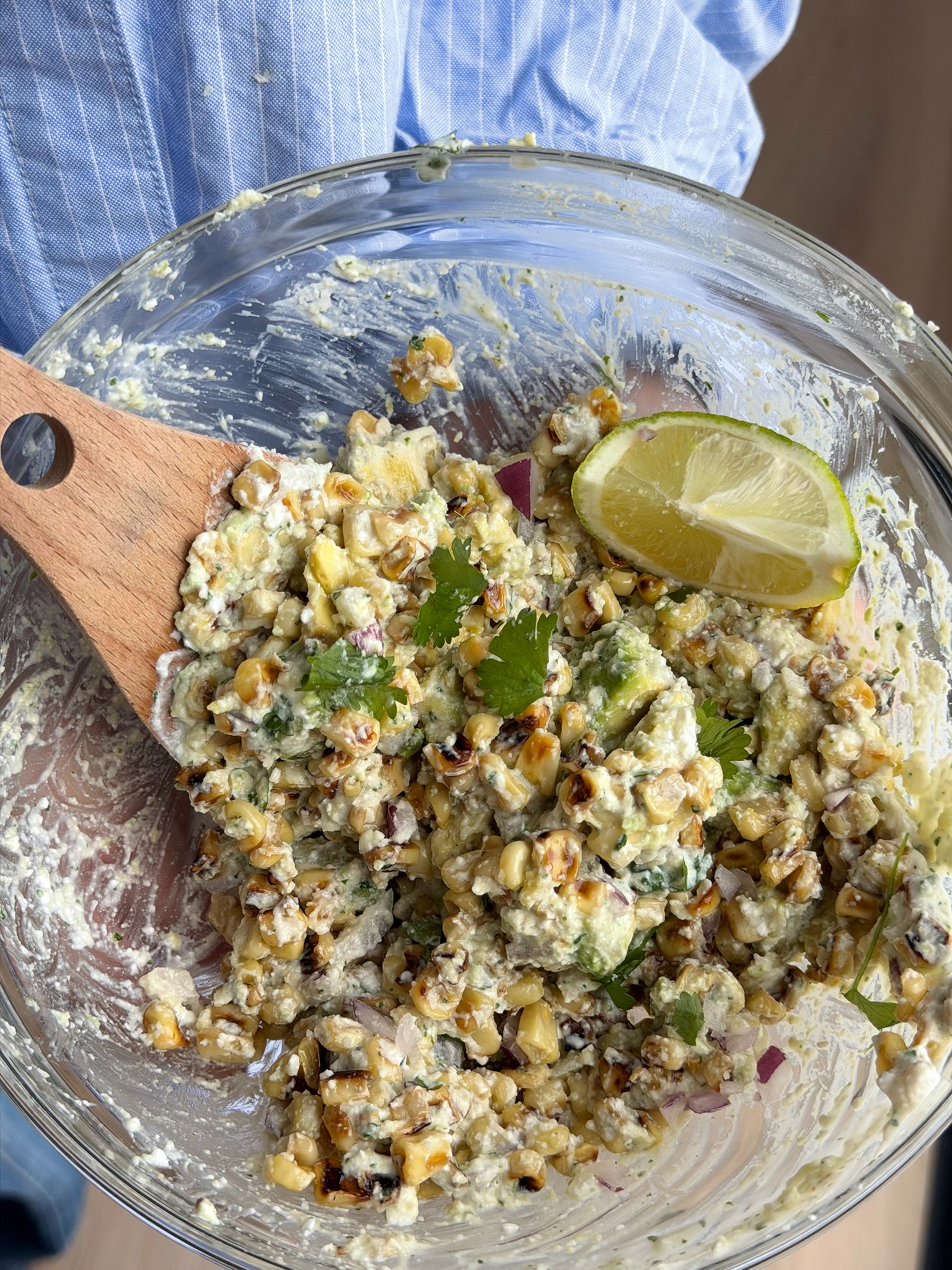 healthified street corn in a bowl