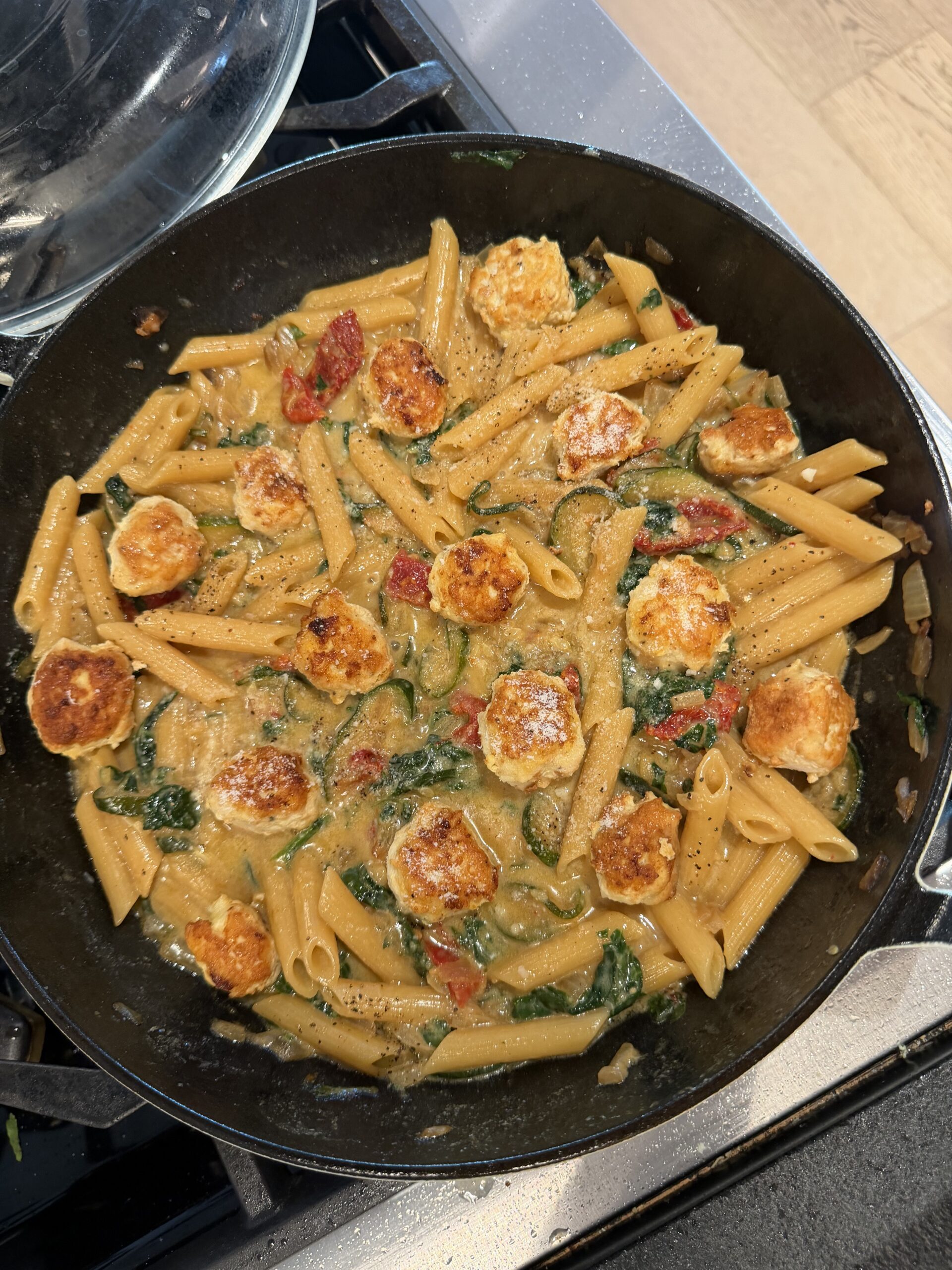 One-Pan Creamy Sun-Dried Tomato Pasta with Chicken Meatballs