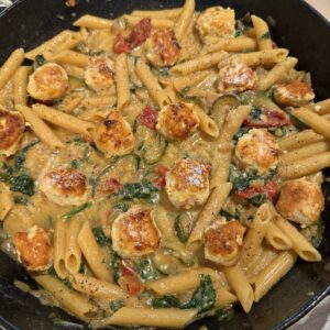 One-Pan Creamy Sun-Dried Tomato Pasta with Chicken Meatballs