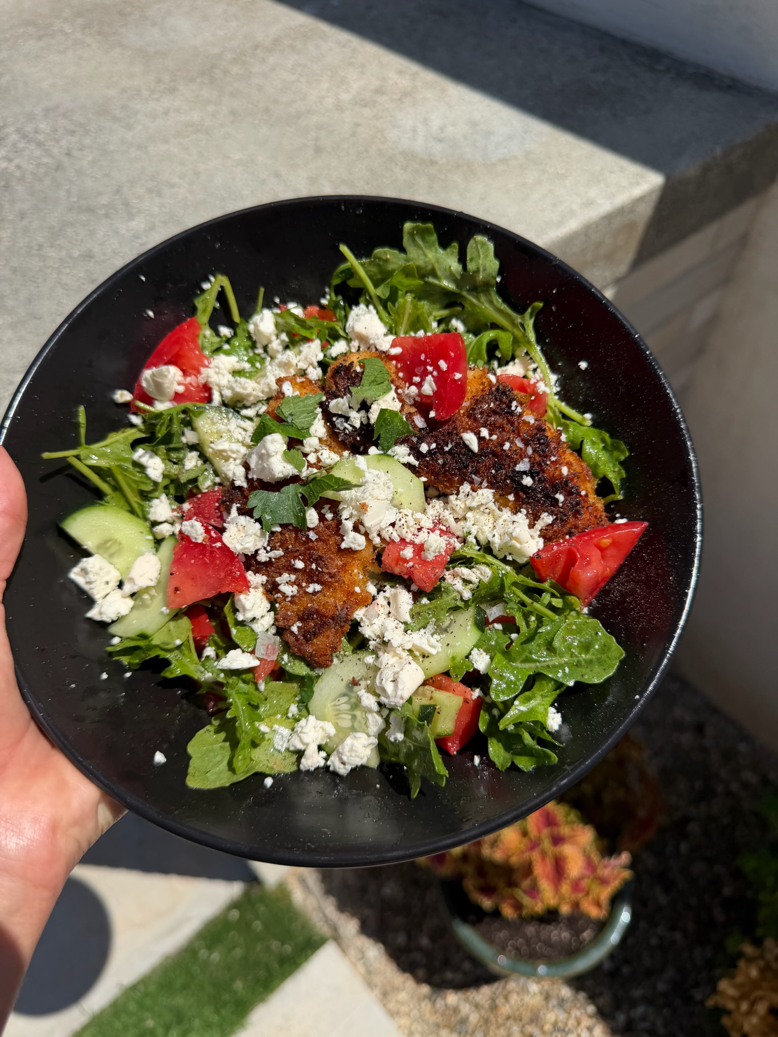 Crispy Chicken Cutlet Mediterranean Salad